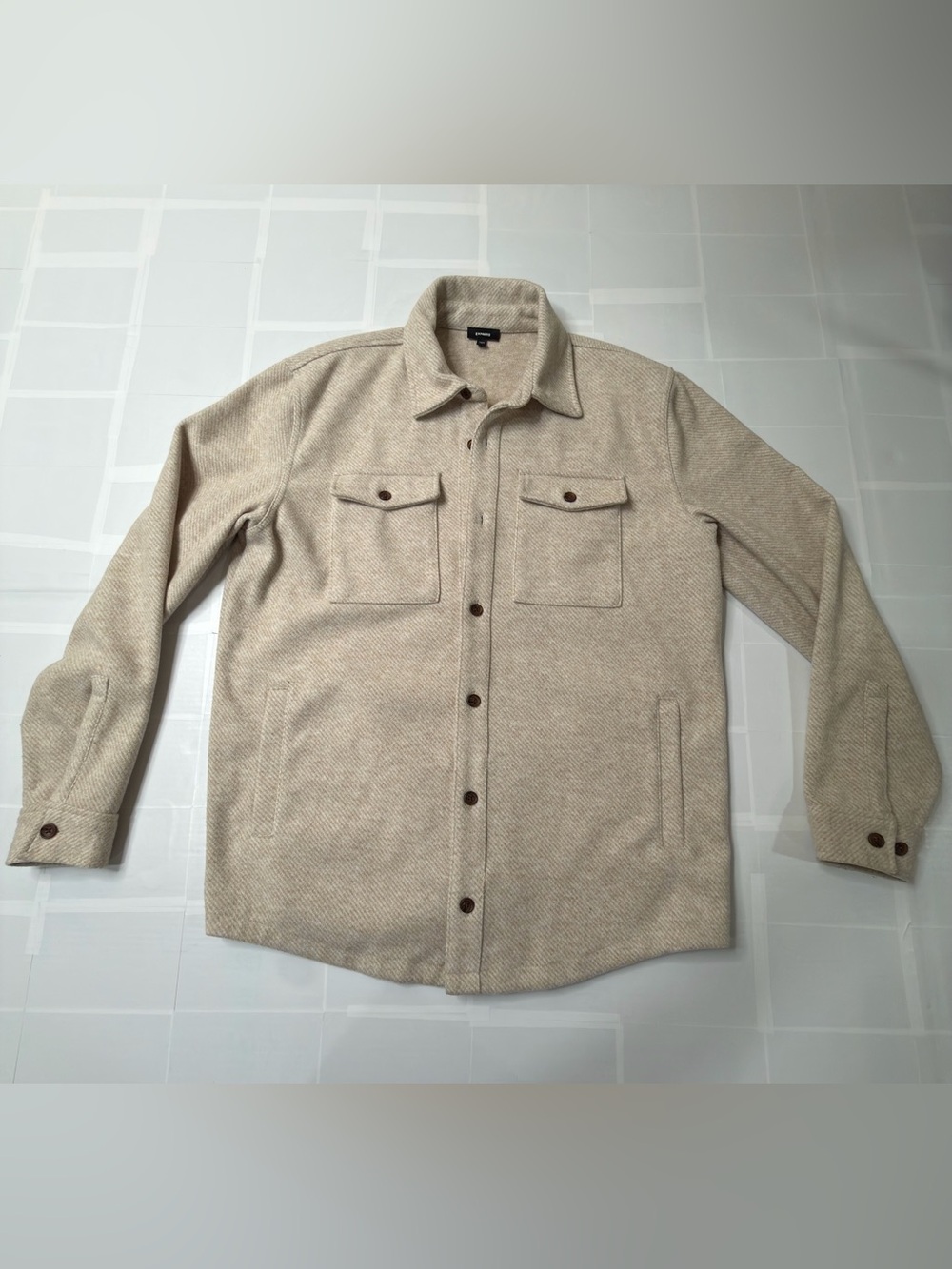 Express Men’s M Plaid Shacket Beige Color Flannel Shirt Jacket Button Up NWT